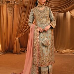 Embroidered Suit with Pink Dupatta